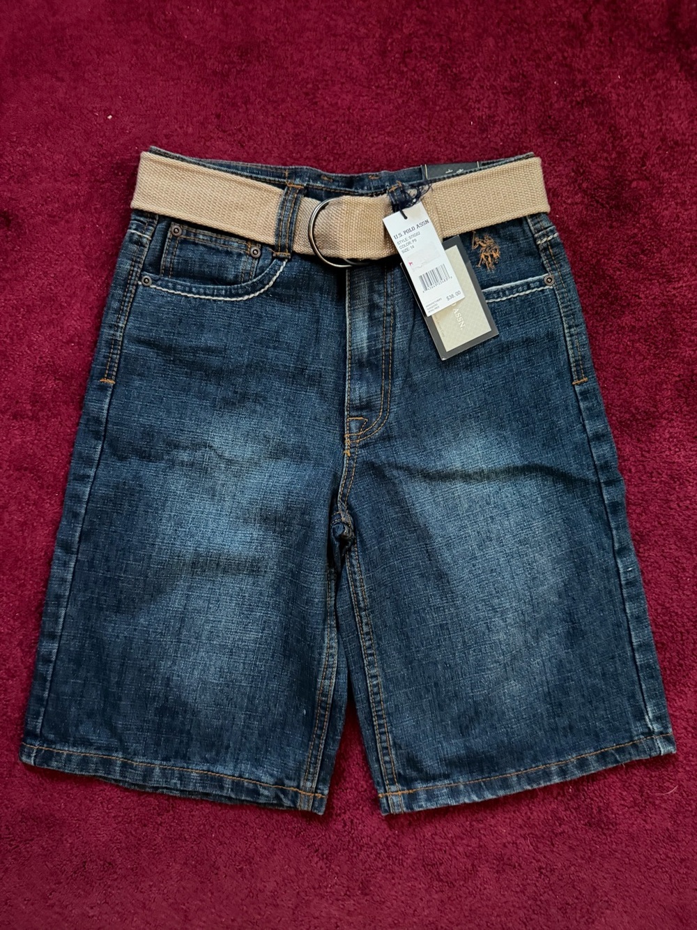 US Polo Assn Boys Belted Denim Shorts Size 14 NWT Embroidered Jean Shorts